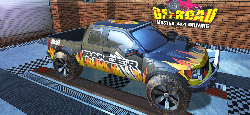 Offroad Master-4x4 Mud Driving - 차고 환경에서 불꽃 데칼과 레인저 그래픽이 있는 맞춤형 오프로드 픽업 트럭