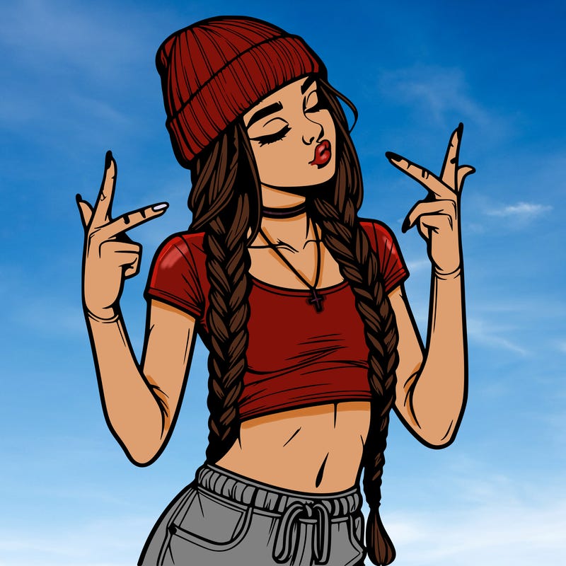 realistic teenage girl with braids and a beanie and crop top doing 🫶🏼