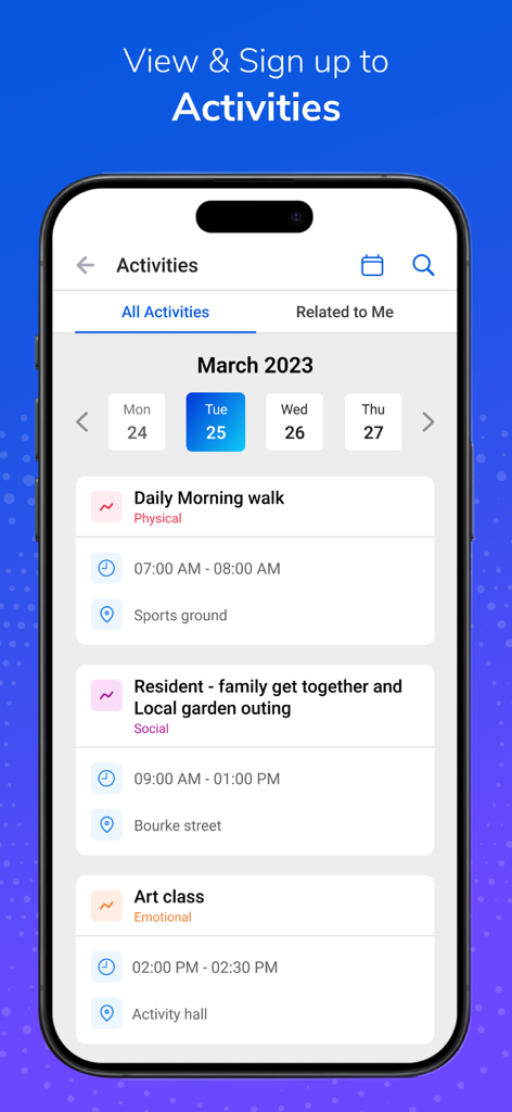 Centrim Life app interface showing a list of daily community activities and event signups for residents