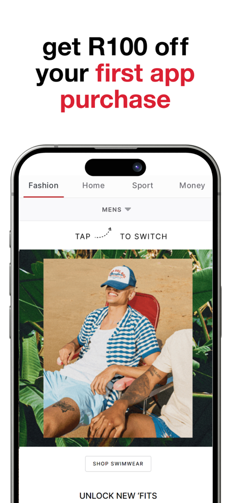 Mr Price App - Interfaz de la app Mr Price que muestra una oferta promocional de descuento en la primera compra y artículos de moda de verano para hombre