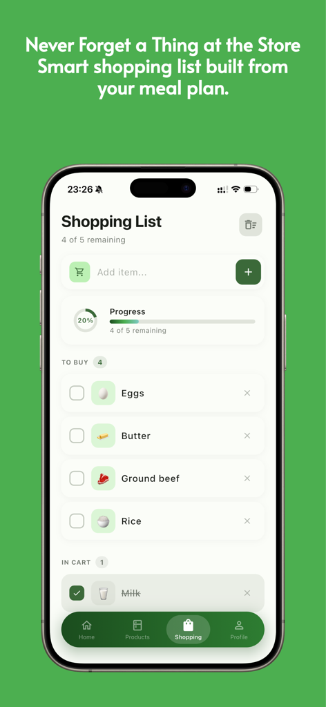 Fridgey: AI Recipe Planner - Fridgey app interface showing a smart shopping list with grocery items like eggs and butter and a progress tracking bar.