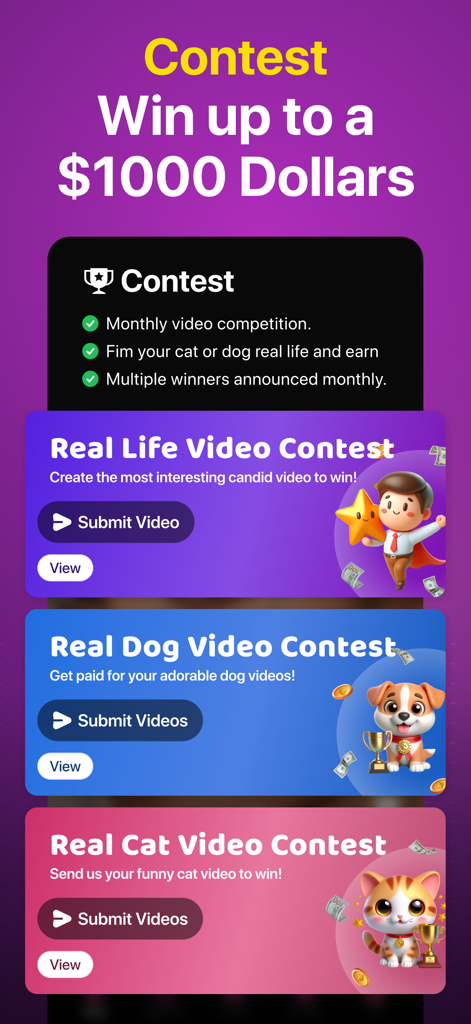 lit.it - Short Video App - Screenshot of the lit.it app showing video contests for pets and real life with a chance to win up to 1000 dollars