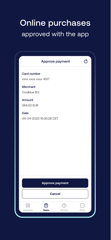 ICS Business - A mobile screen showing the ICS Business app payment approval process for an online purchase.