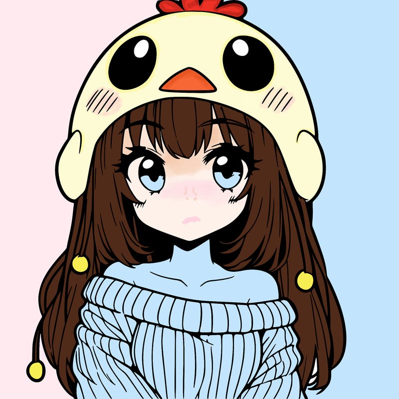 anime girl with chick shaped hat with sweater with bare shoulders with bangs covering them one eye with low tail