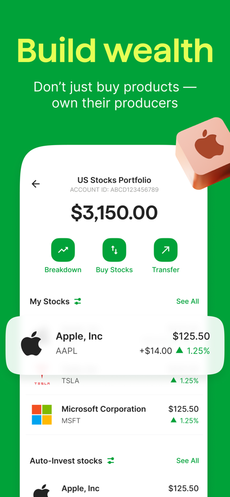 Bamboo app screen showing a US stock portfolio with a three thousand dollar balance and investments in Apple and Tesla