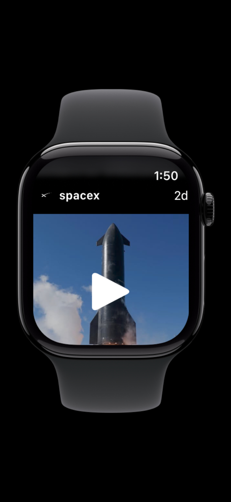Lens for Watch app displaying an Instagram video post from SpaceX on an Apple Watch.