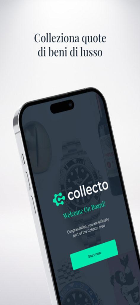 Welcome screen of the Collecto app showing luxury asset investment onboarding