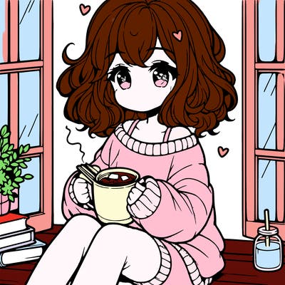 cute anime girl reading book and drinking hot chocolate from mug with loose wavy hair wearing a baggy sweatshirt and shorts sitting by windowsill looking out