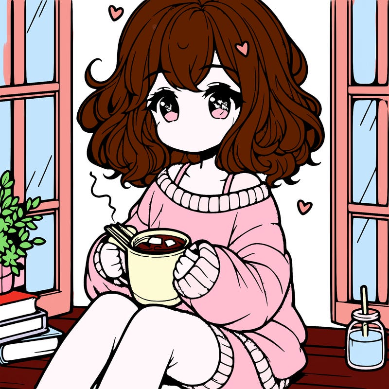 cute anime girl reading book and drinking hot chocolate from mug with loose wavy hair wearing a baggy sweatshirt and shorts sitting by windowsill looking out