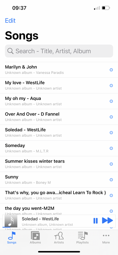 FLAC Player+ - Songs list view in the FLAC Player plus app showing track titles and a playback bar