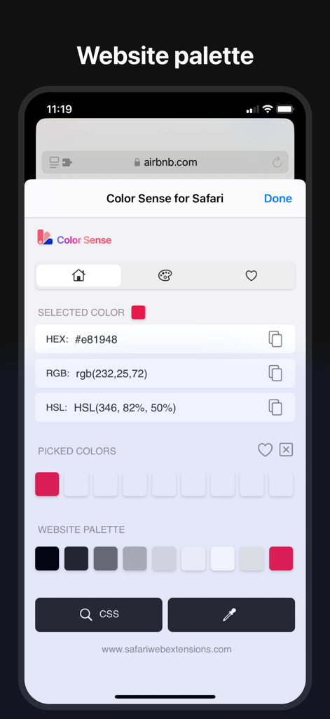 Screenshot of Color Sense for Safari displaying a website color palette with HEX and RGB codes