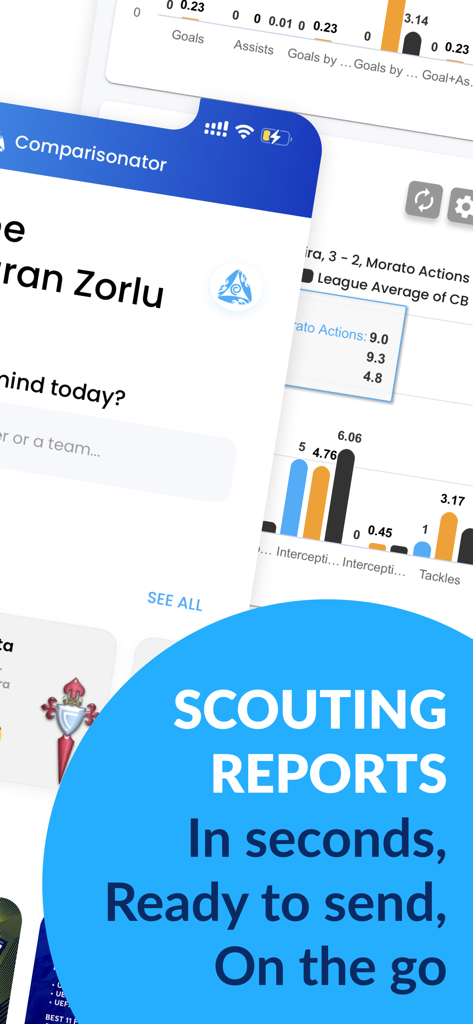 Comparisonator: Football Data - Comparisonator의 모바일 인터페이스에 전문 축구 스카우팅 보고서와 선수 성과 데이터 차트가 표시됨