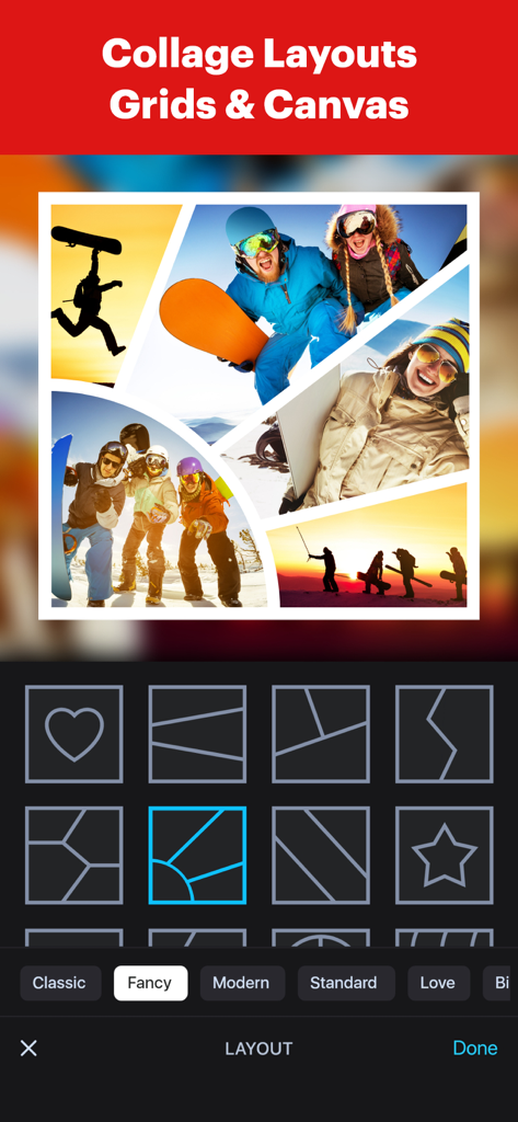 Mobile app interface for creating photo collages with diverse grid layouts and templates