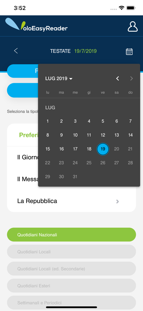 VoloEasyReader app interface with a calendar overlay for selecting newspaper archive dates.