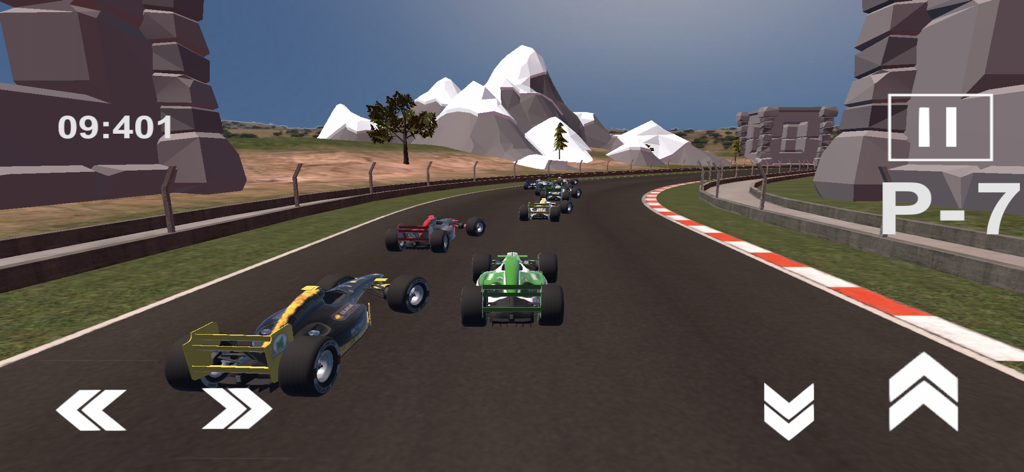 Coches estilo Fórmula compitiendo en una pista 3D con montañas nevadas al fondo.