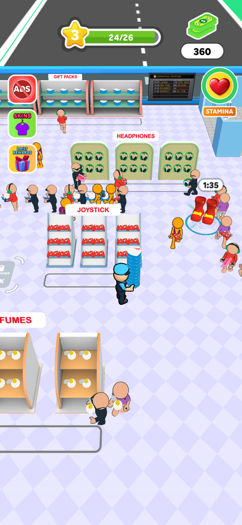 A 3D arcade idle game scene where a character manages stock in an airport gift shop with various customers.