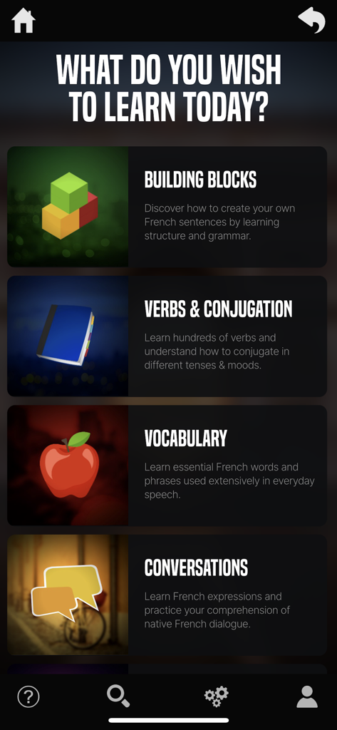 OUINO French (members only) - Main menu of the OUINO French app showing study modules for building blocks, verbs, vocabulary, and conversations