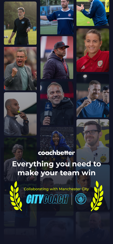 coachbetter - Collage of diverse soccer coaches and professionals featuring the coachbetter slogan everything you need to make your team win