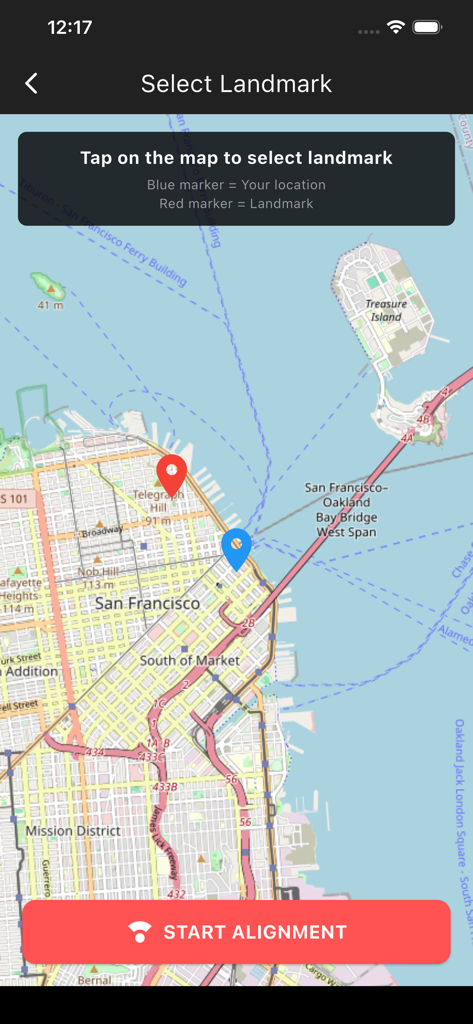 Geom Compass app screen showing a map of San Francisco with markers to select a landmark for alignment calibration.