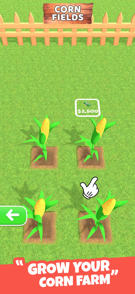 Perfect Popcorn: Food Games - Uno screenshot del gameplay dei campi di mais dove i giocatori coltivano e raccolgono piante di mais per guadagnare denaro in Perfect Popcorn.