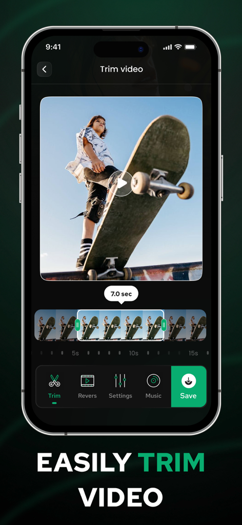 AI Reverse Video Editor - RevV - Interface of AI Reverse Video Editor app displaying the trim video feature with a skateboarder