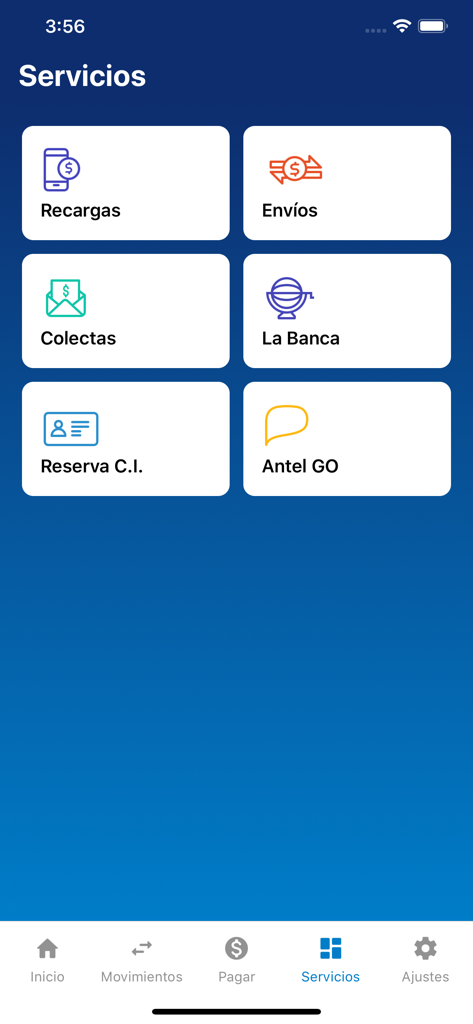 Tuapp Billetera Electronica - Tuapp digital wallet services menu showing mobile recharges, money transfers, and ID card appointment booking options.