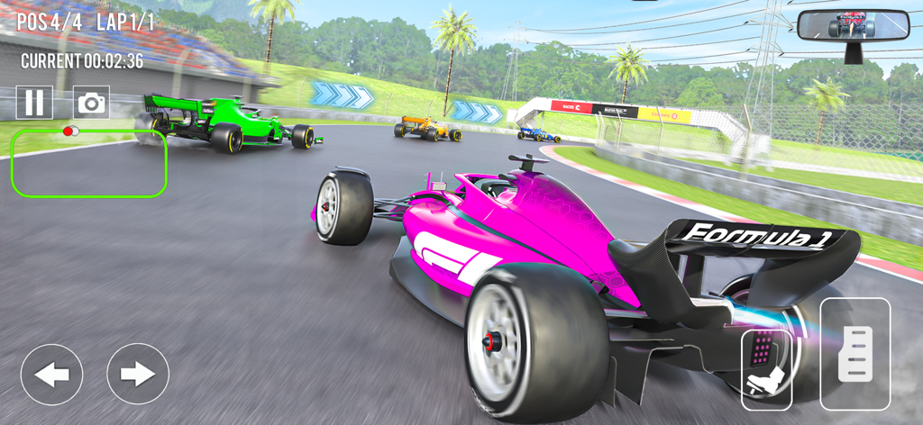Gameplay of a pink formula car racing on a track with other cars and on-screen controls