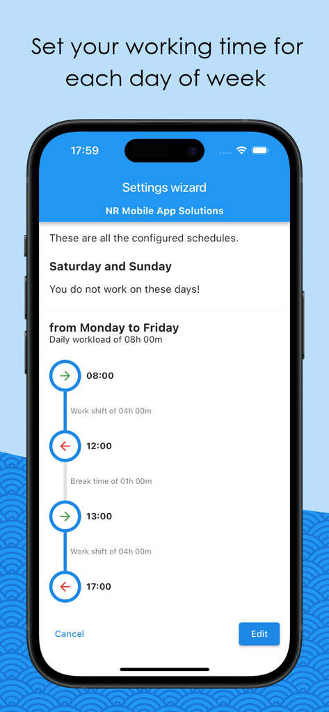 Interfaccia dell'app Easy Time Tracker che mostra le impostazioni dell'orario di lavoro da lunedì a venerdì
