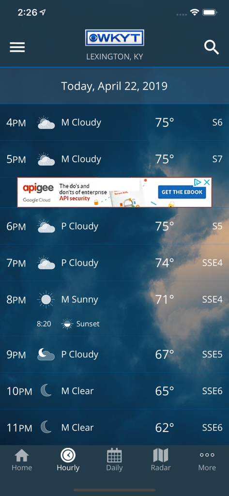 WKYT FirstAlert Weather - Hourly weather forecast screen for Lexington Kentucky on the WKYT FirstAlert app