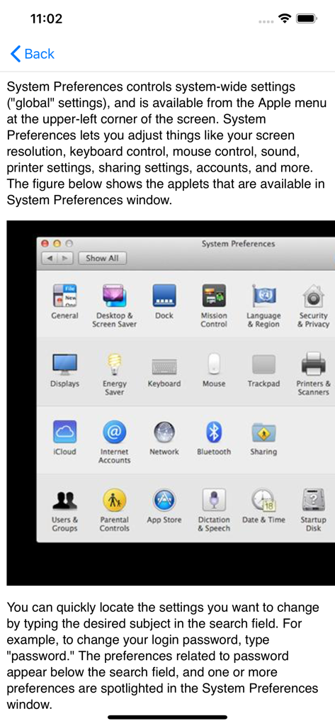 Educational screen from the Aplus Core 2 Exam Sim app explaining macOS System Preferences for IT certification study.