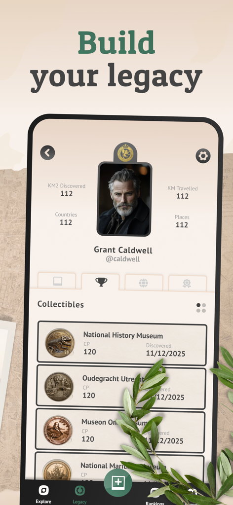 Souvenirsアプリのユーザープロファイル画面、「レガシーを構築」と表示され、旅行統計と様々な場所からのデジタルお土産コインのコレクションが表示されます。