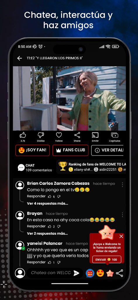 PRONYR TV - Uma captura de tela do aplicativo PRONYR TV exibindo um reprodutor de vídeo com comentários ativos de usuários e recursos sociais interativos em espanhol.