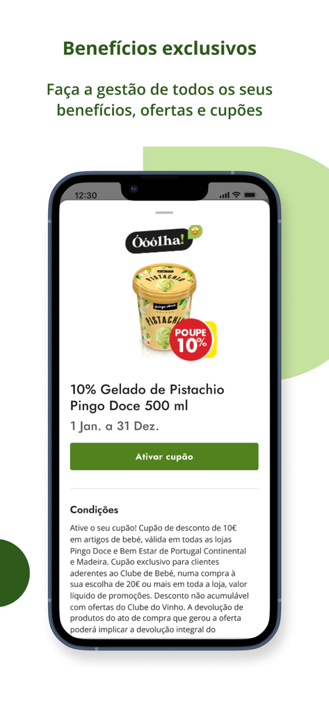 O Meu Pingo Doce - Pantalla de smartphone mostrando un cupón de descuento del 10 por ciento para helado de pistacho en la app O Meu Pingo Doce.