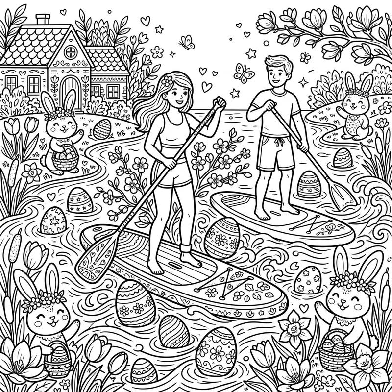 Embark on a springtime coloring journey with this unique page featuring paddleboarders enjoying an Easter celebration. Delight in bringing vibrant hues to festive bunnies, floating eggs, and blooming flowers.
