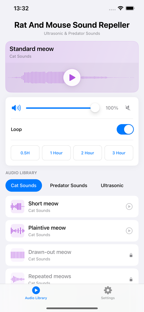 Rat And Mouse Sound Repeller - Main screen of the Rat and Mouse Sound Repeller app showing audio library and sound controls.