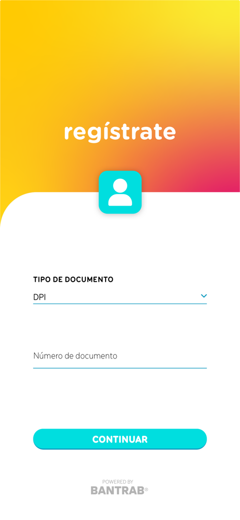 YOLO - Pantalla de registro para la app YOLO mostrando campos para tipo de documento y número de documento, con tecnología Bantrab