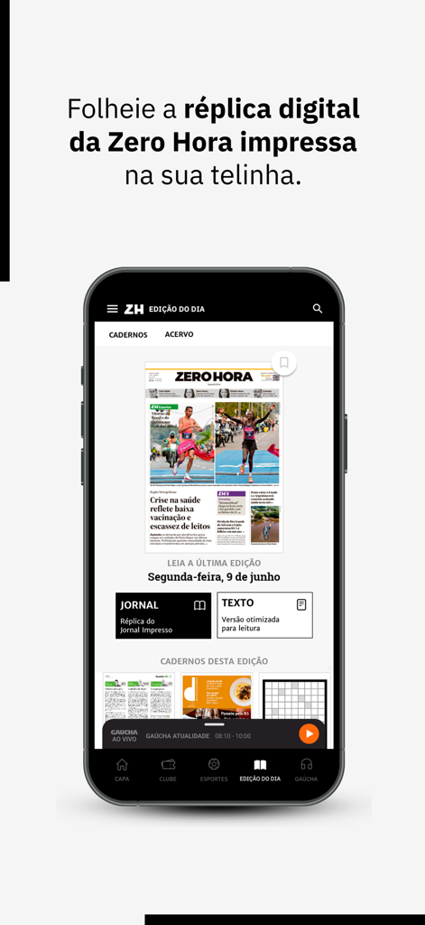 GZH: notícias RS - Mobile screen displaying the digital replica of Zero Hora printed newspaper in the GZH app.