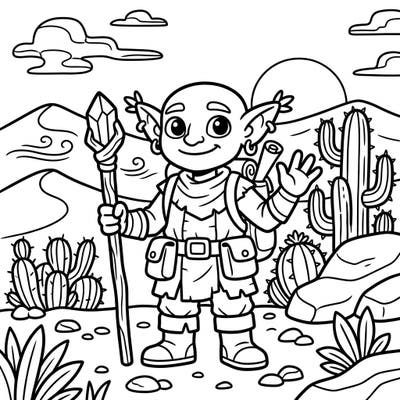 Introduce your little one to the magic of the desert with this adorable Desert Goblin coloring page. Designed specifically for toddlers, it features bold outlines and large areas perfect for developing early coloring skills.