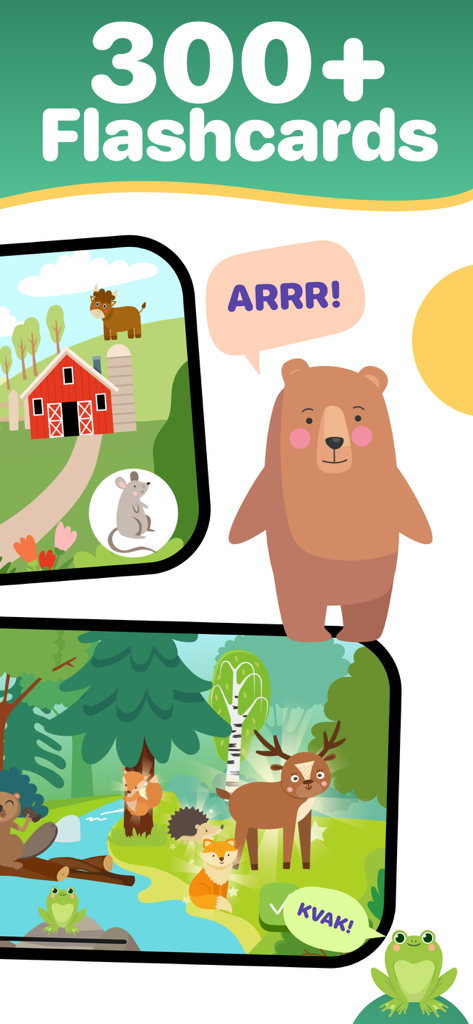 Screenshot of an educational app for toddlers showing over 300 animal flashcards with interactive sounds like a bear and deer