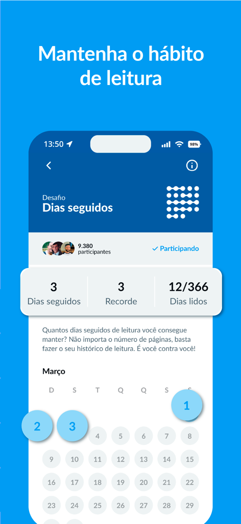 Skoob - Organize suas leituras - Skoob app interface showing a reading challenge dashboard with a monthly calendar and reading streak statistics