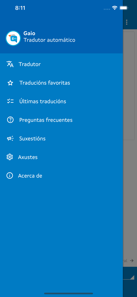 Menú de navegación de la app Tradutor Gaio con opciones de traducción y favoritos