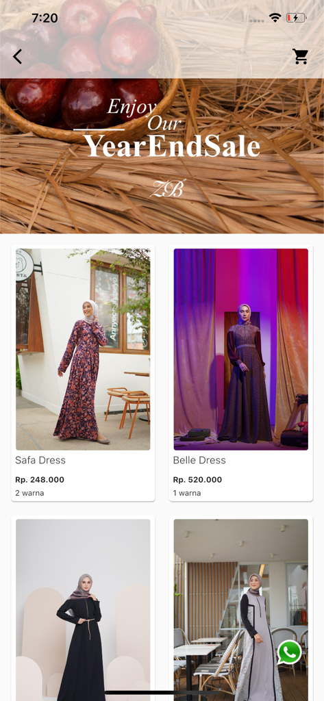 ZB - ZB app screen displaying Safa and Belle modest dresses with a year end sale banner.