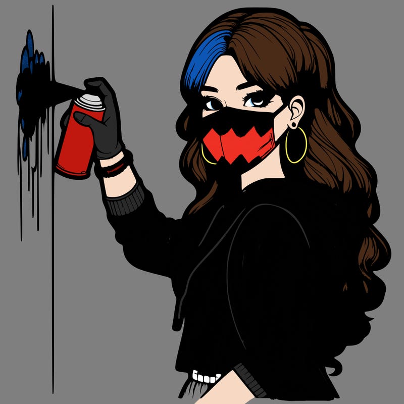 realistic girl with mask spray painting a wall