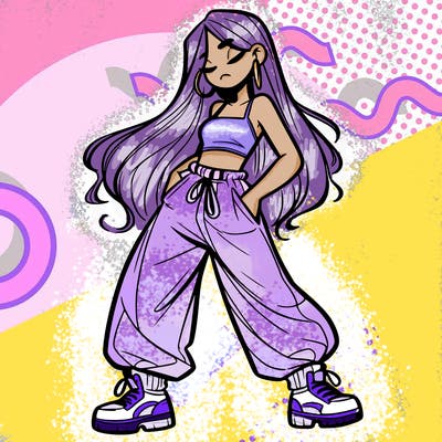 girl in baggy pants crop top and long hair