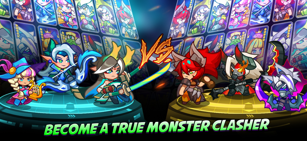 Two teams of stylized fantasy heroes facing off in a PvP battle arena with text reading Become a True Monster Clasher