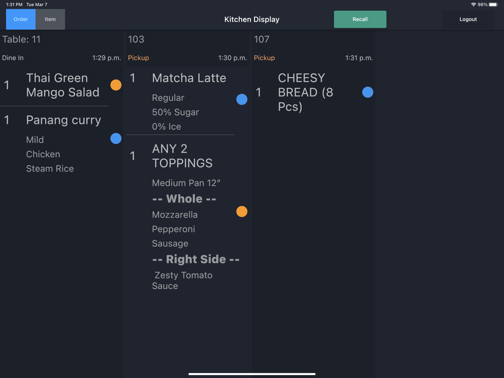 Snappy POS Kitchen Display - Digital kitchen display system showing restaurant orders with item details and status indicators on an iPad screen
