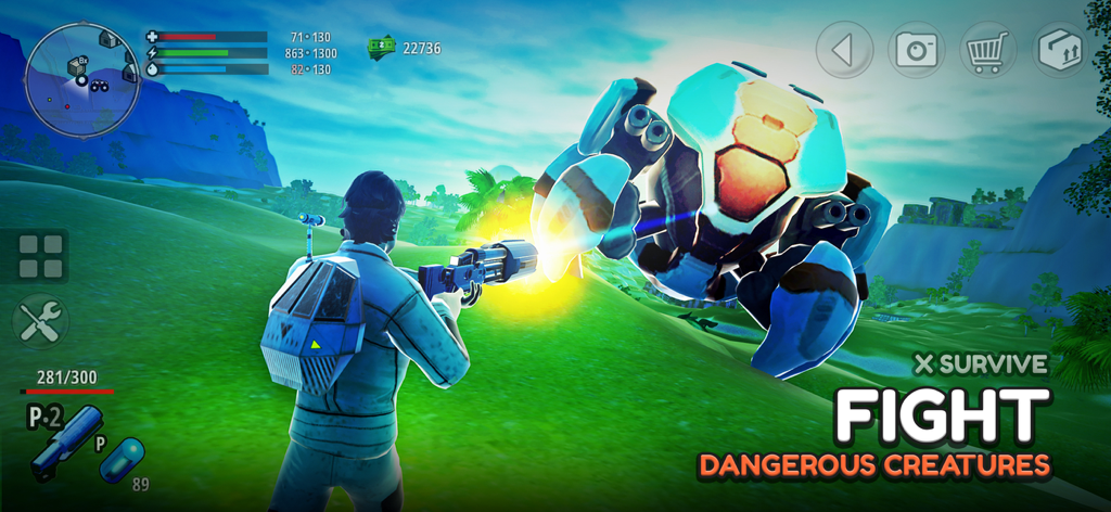 X Survive: Open World Sandbox - A character in X Survive using a futuristic weapon to fight a large glowing robotic creature on a grassy hill.