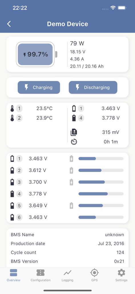 SmartBMS Utility - SmartBMS Utility mobile app dashboard showing real-time battery monitoring cell voltages and charging status