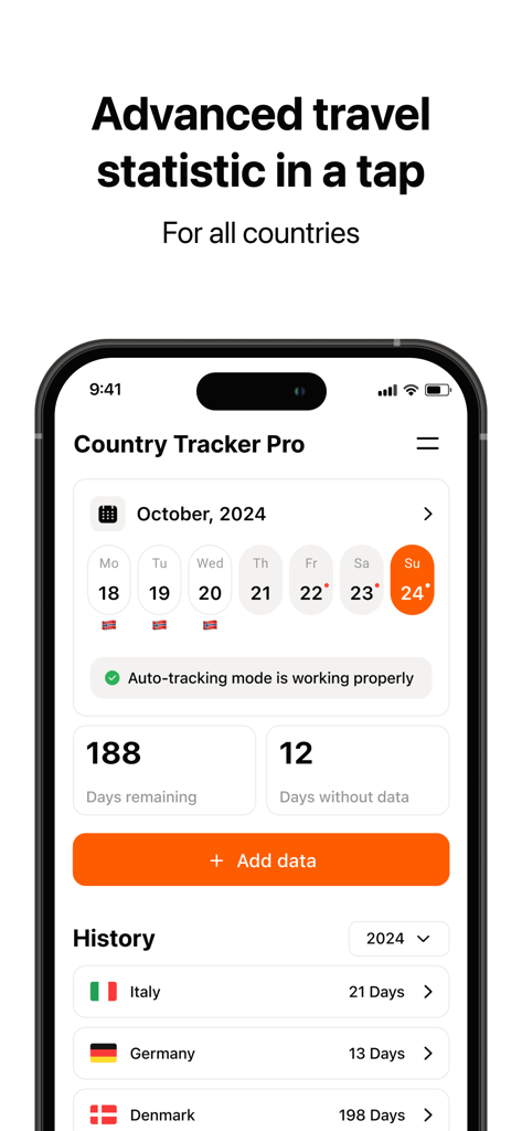 Country Tracker Pro - Interface do aplicativo Country Tracker Pro mostrando calendário de estatísticas de viagem e histórico de países