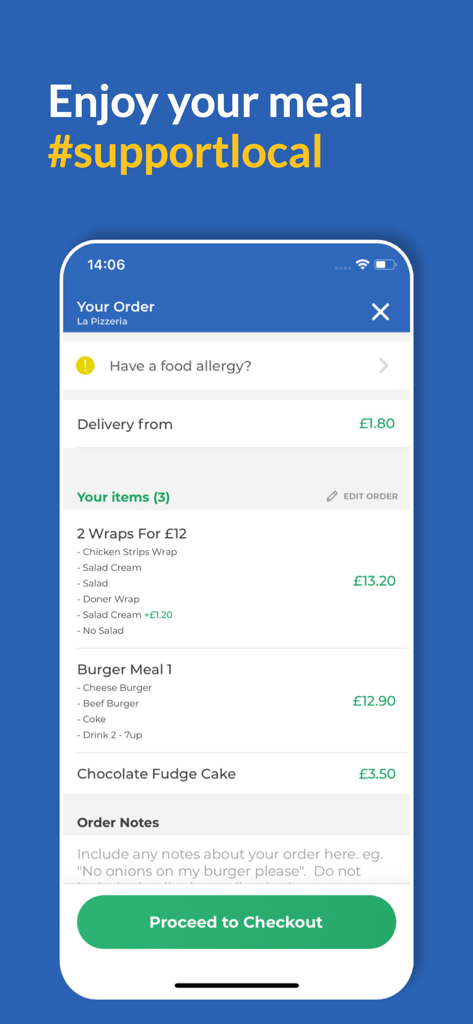 Barrow Eats app order summary page showing a burger meal and wraps with a checkout button
